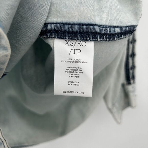CABI Blue Bardot Acid Wash Boho Embroider Long Sleeve Button Up Chambray Top XS - Picture 8 of 8